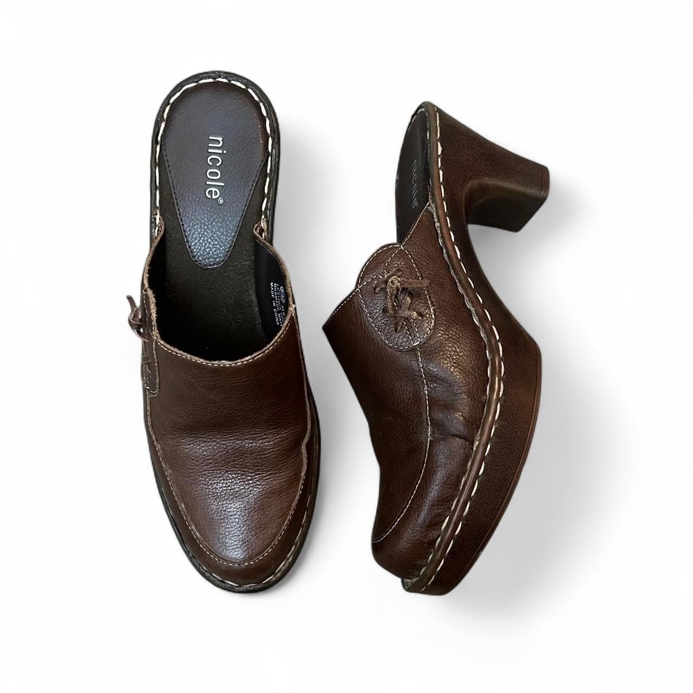 Nicole Mecca Leather Chunky Clog Mules Boho 90s Y2K Slip On Platform Heeled 8.5